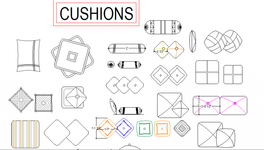 Multiple creative cushions blocks cad drawing details dwg file