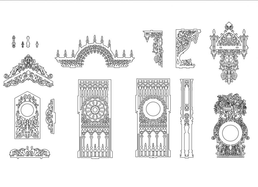 Multiple creative decorative pattern designs for doors and windows dwg file