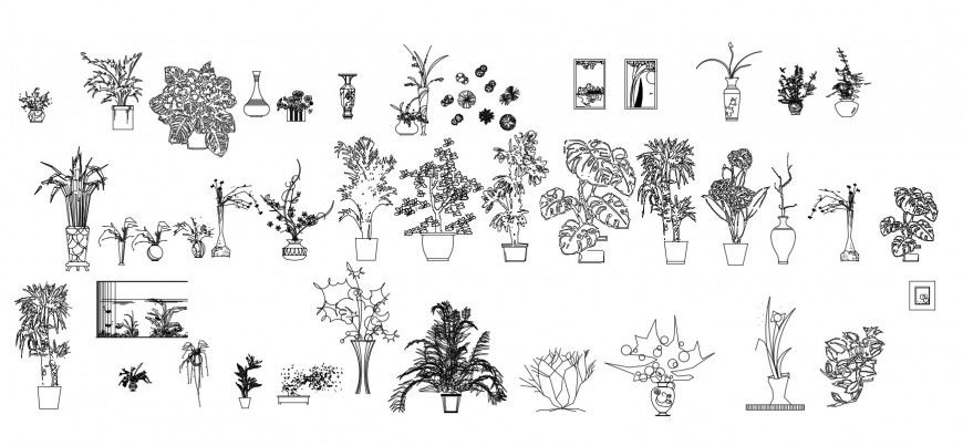 Multiple creative tree plants with vase blocks cad drawing details dwg file