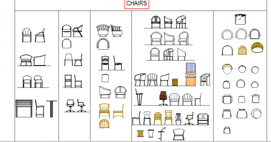 Multiple creative wooden chairs cad blocks details dwg file