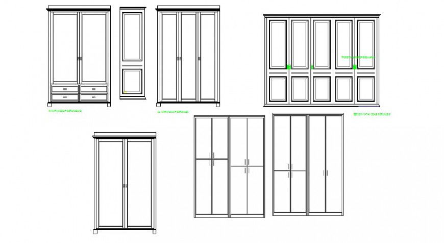 Multiple cupboards elevation 2d blocks cad drawing details dwg file