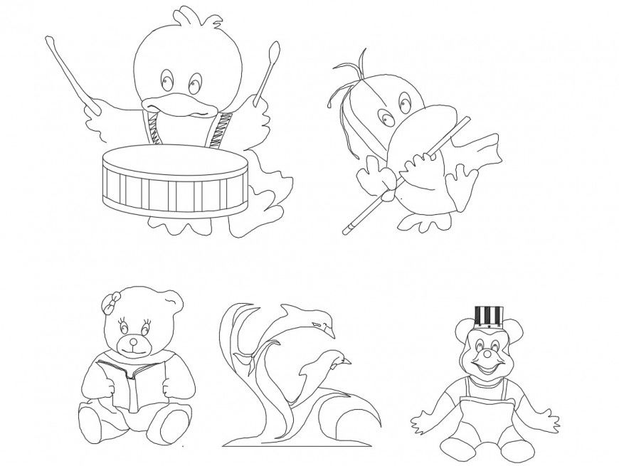 Multiple cute toys elevation blocks cad drawing details dwg file