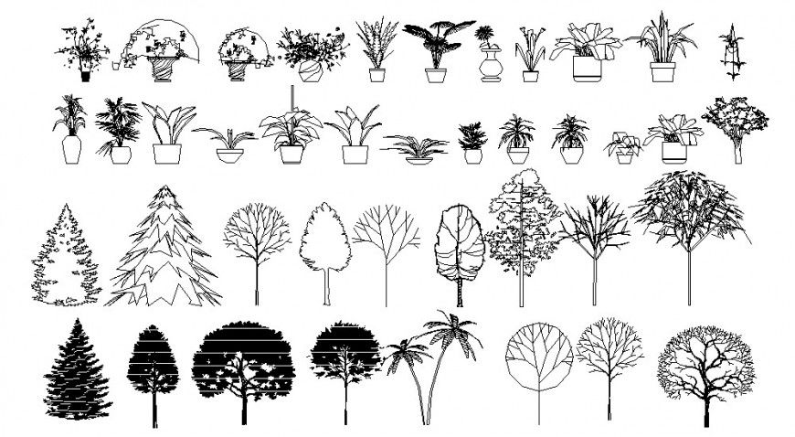 Multiple decorative tree and tree plant with vase elevation blocks drawing details dwg file