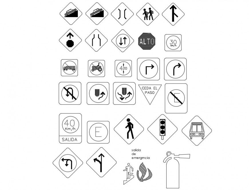 Multiple direction and fire exit symbol blocks cad drawing details dwg file