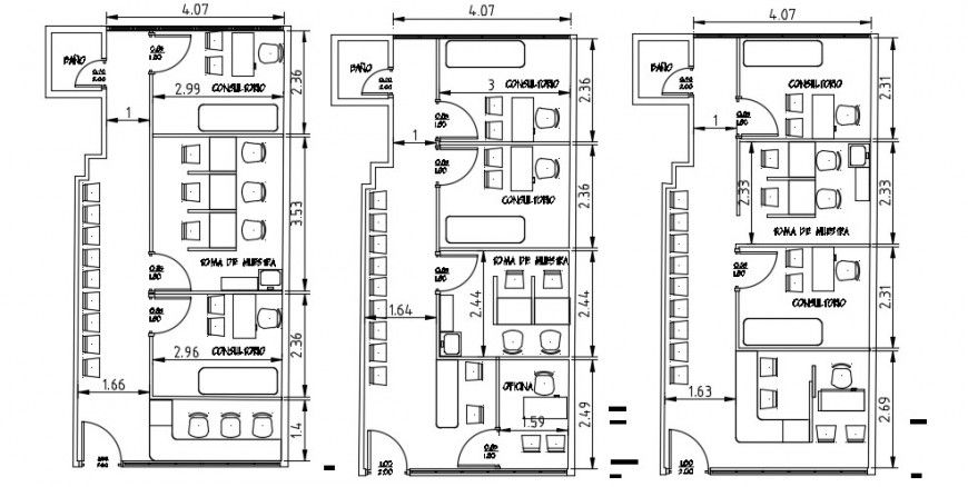 Multiple doctor office cabins plan and furniture layout drawing details dwg file