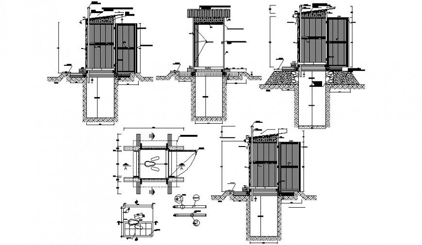 Multiple door elevations, installation and constructive structure drawing details dwg file