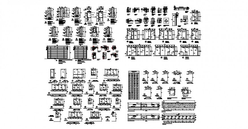 Multiple doors, windows and bars installation and carpentry details dwg file