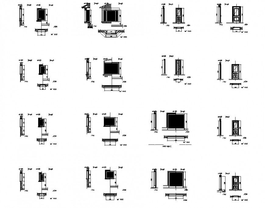Multiple doors and windows elevation and installation drawing details dwg file