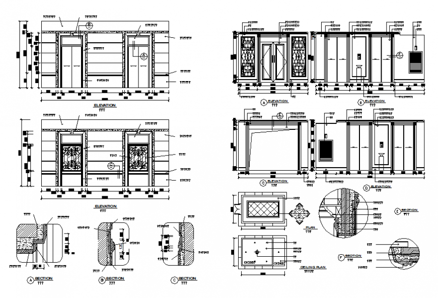 Multiple doors elevation, section and plan cad drawing details dwg file