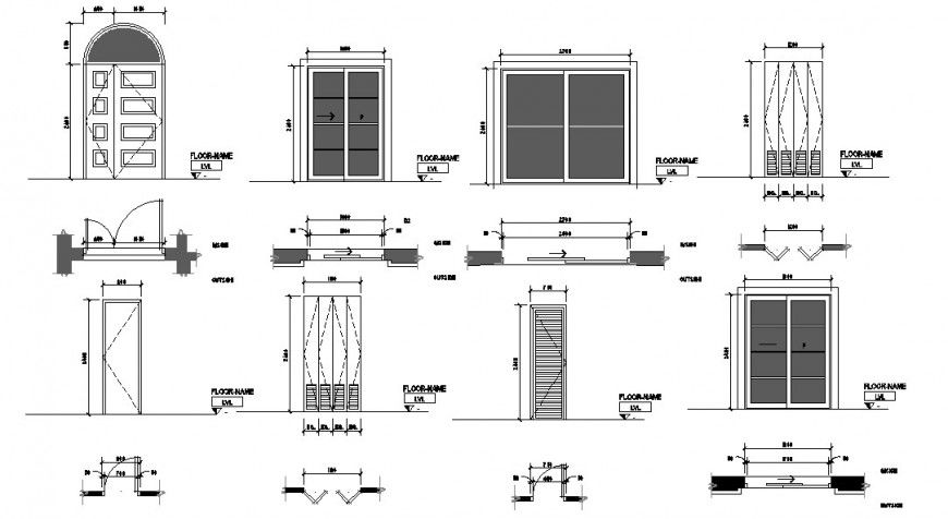 Multiple doors elevation and installation details for villa building dwg file