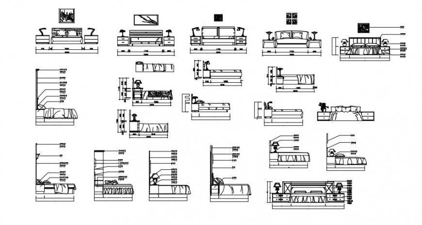Multiple double and master bed elevation 2d blocks drawing details dwg file