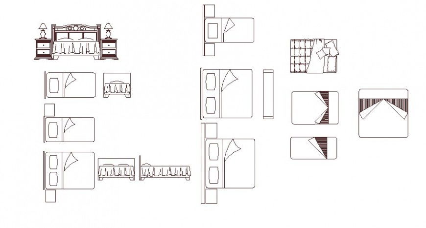 Multiple double and single bed elevation blocks details dwg file