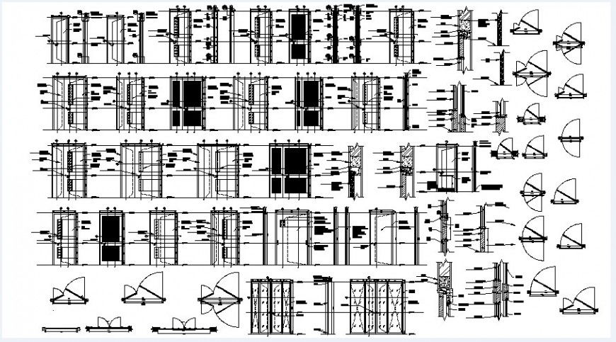 Multiple double and single doors and windows elevations and installation details dwg file