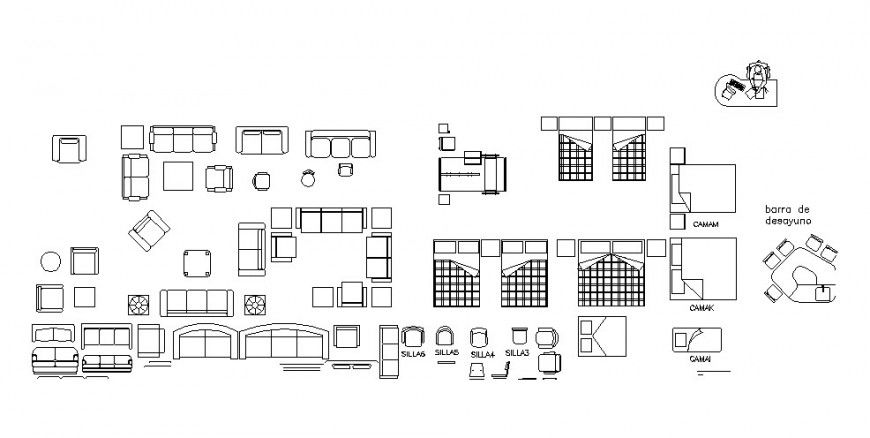 Multiple double beds, sofa sets and hotel furniture blocks drawing details dwg file