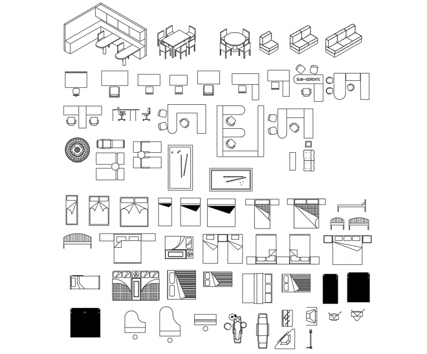 Multiple double beds and hotel furniture 2d elevation blocks cad drawing details dwg file