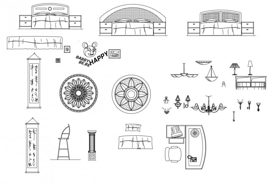 Multiple double beds and interior blocks cad drawing details dwg file