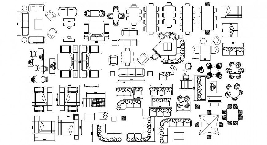 Multiple drawing room and dining area furniture blocks drawing details dwg file