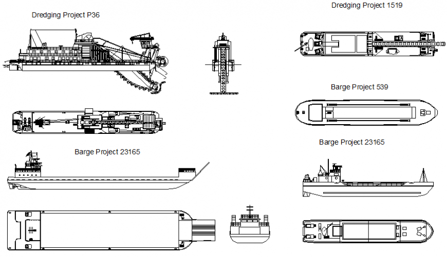 Multiple dredging and barges ships and boats cad drawing details dwg file