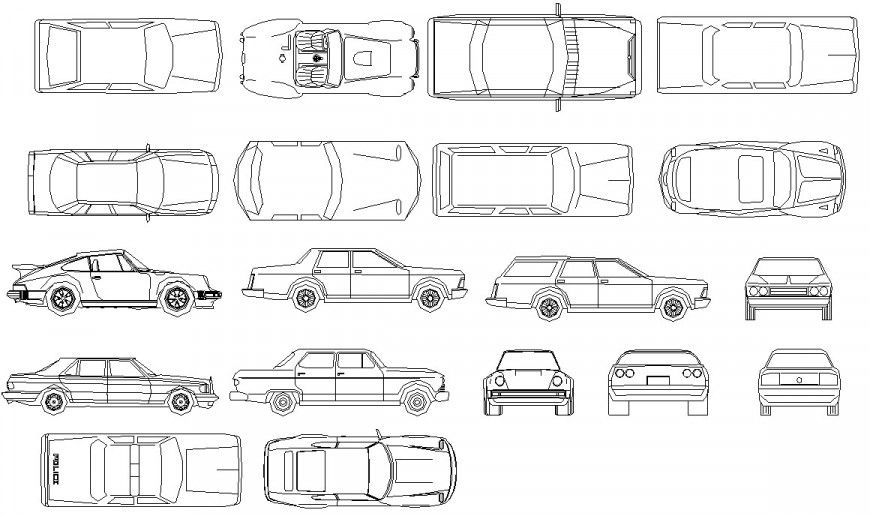 Multiple family cars 2d elevation blocks cad drawing details dwg file