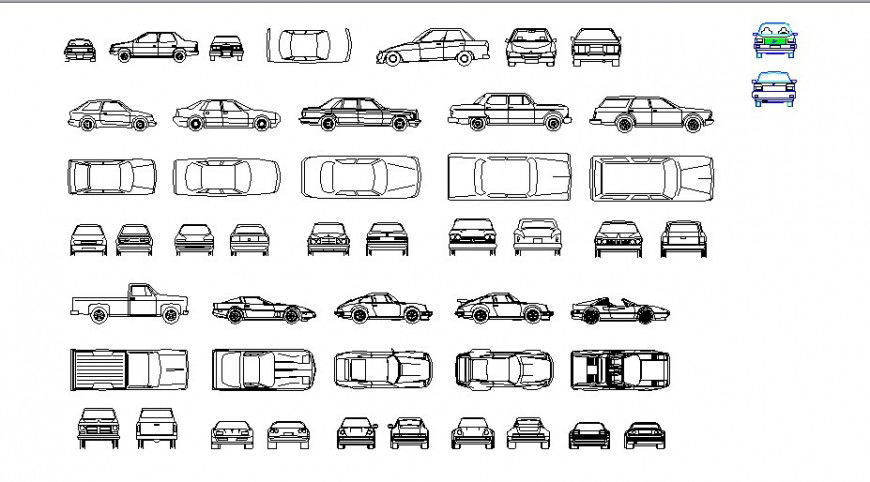 Multiple family cars all sided elevation blocks dwg file