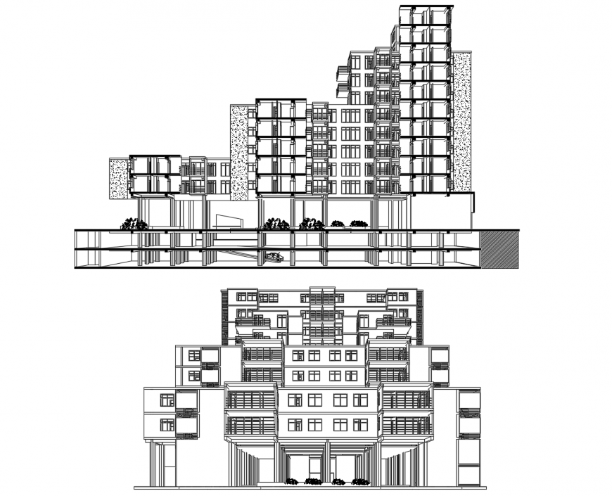Multiple family housing building front elevation and section cad drawing details dwg file