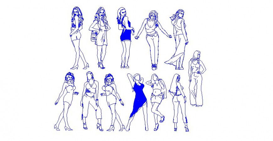 Multiple fashion model women elevation blocks cad drawing details dwg file