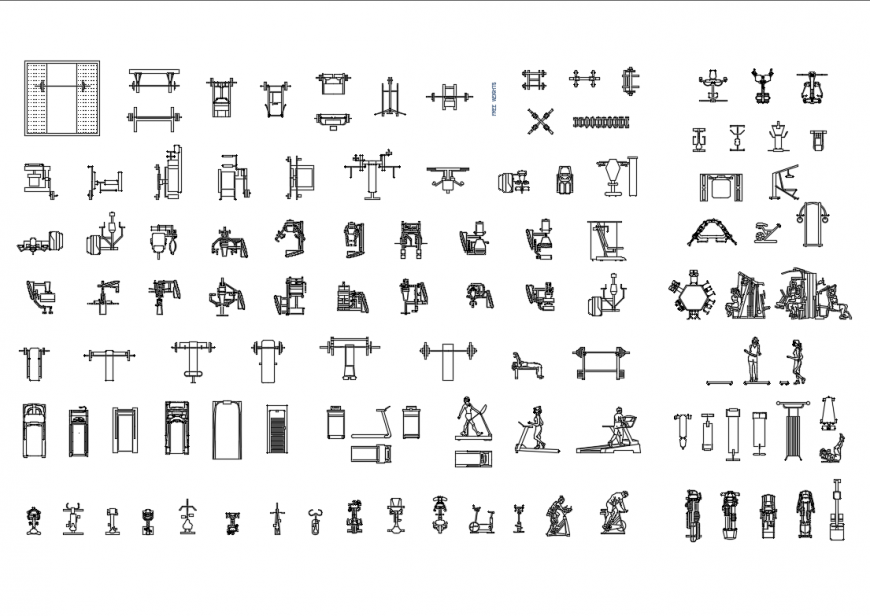 Multiple fitness gym exercise equipment cad blocks details dwg file