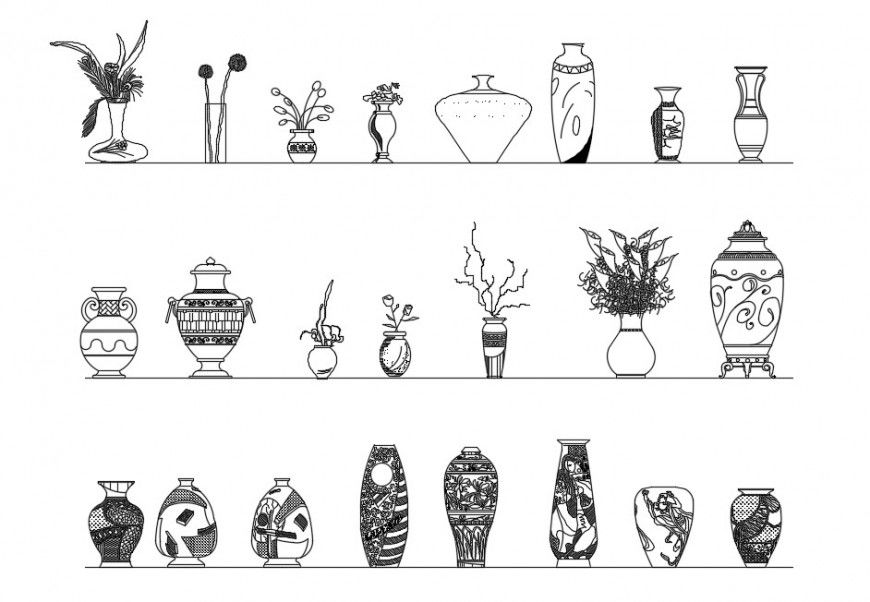 Multiple flower vases elevation blocks drawing details dwg file