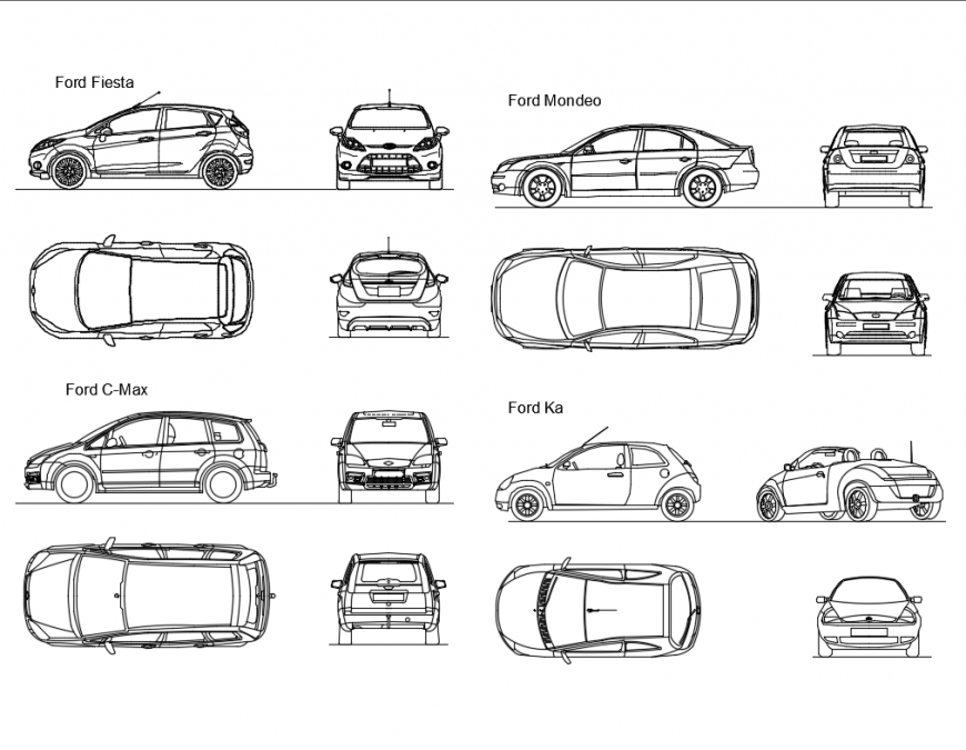 Multiple ford cars elevations cad drawing details dwg file