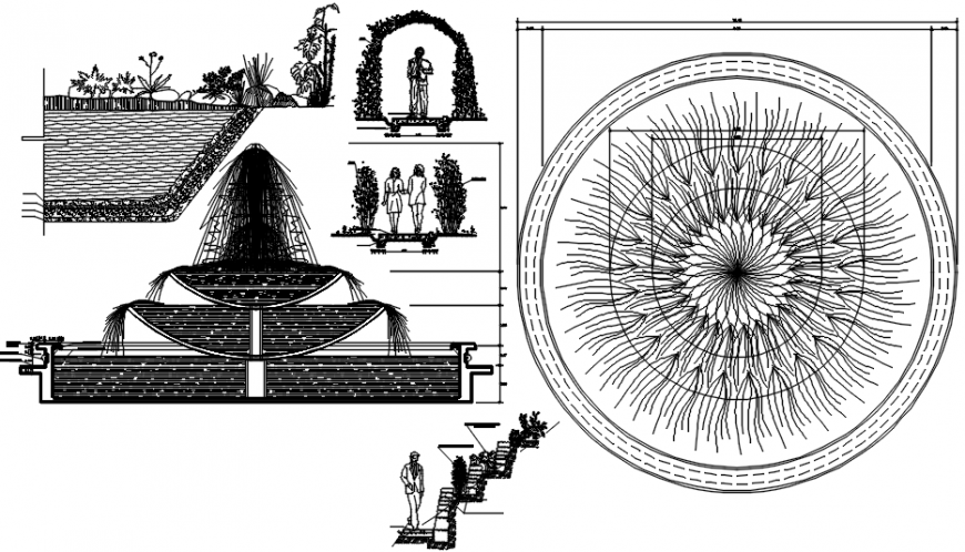 Multiple fountain and garden equipment blocks drawing details dwg file
