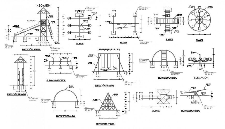 Multiple garden equipment and furniture automation drawing details dwg file