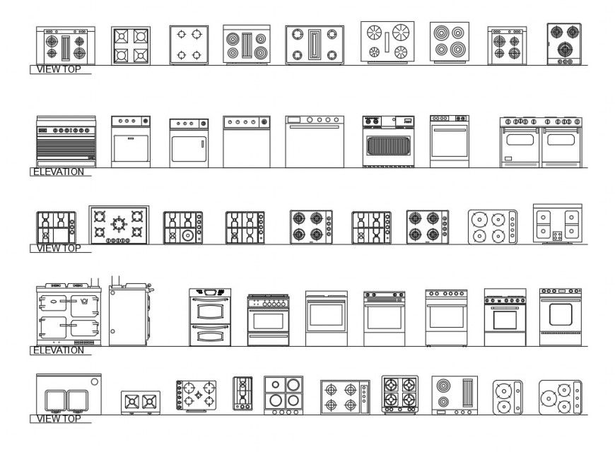 Multiple gas stove and kitchen furniture blocks cad drawing details dwg file