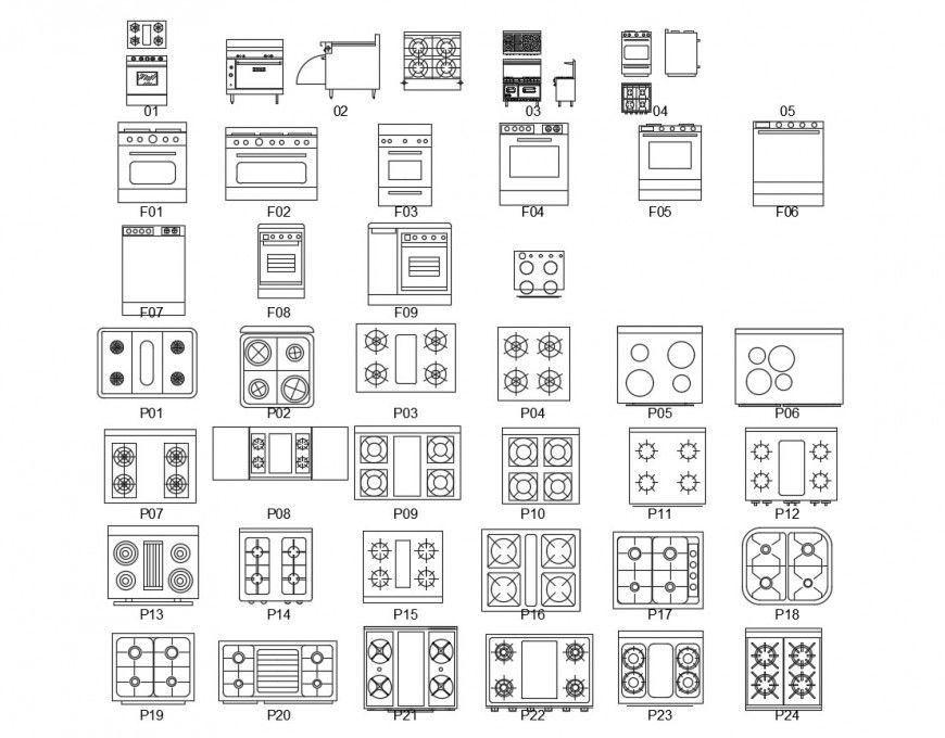 Multiple gas stoves and kitchen furniture blocks cad drawing details dwg file