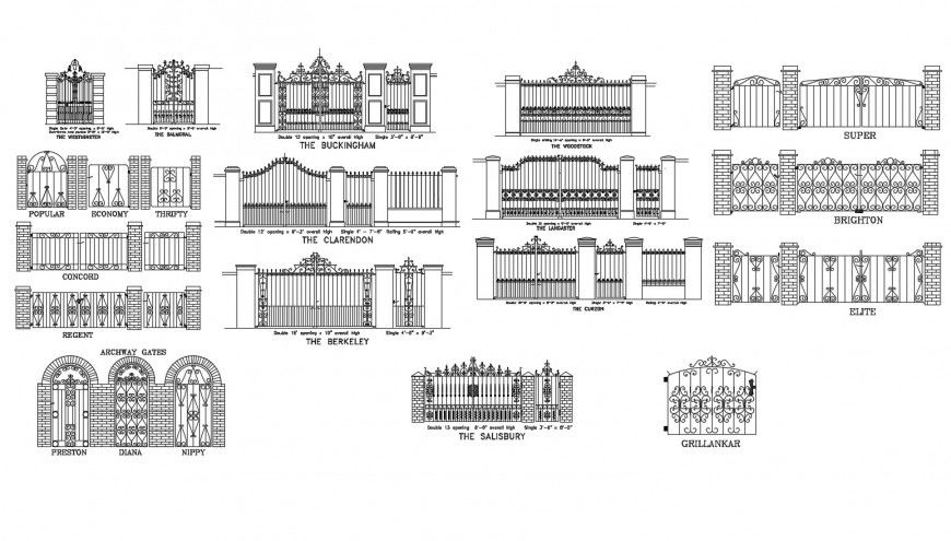 Multiple gates, railing and fence elevation blocks cad drawing details dwg file