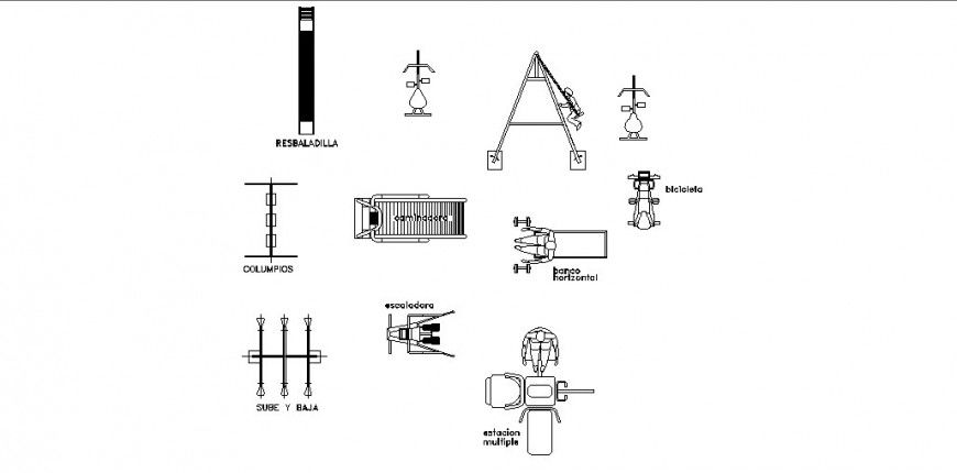 Multiple gym and sports equipment blocks cad drawing details dwg file