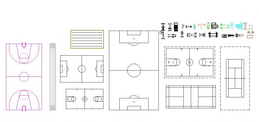 Multiple gym equipment and sports ground blocks cad drawing details dwg file