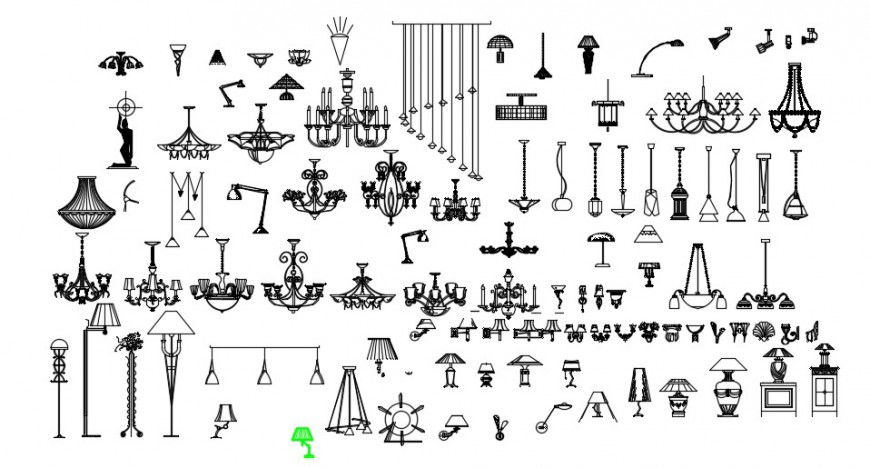 Multiple hanging lights, lamps and interior blocks drawing details dwg file