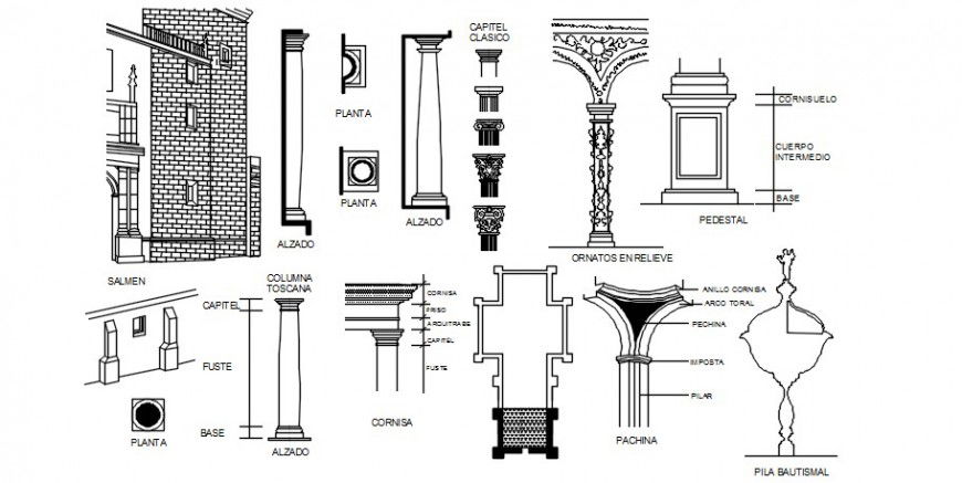 Multiple heritage walls and column blocks cad drawing details dwg file