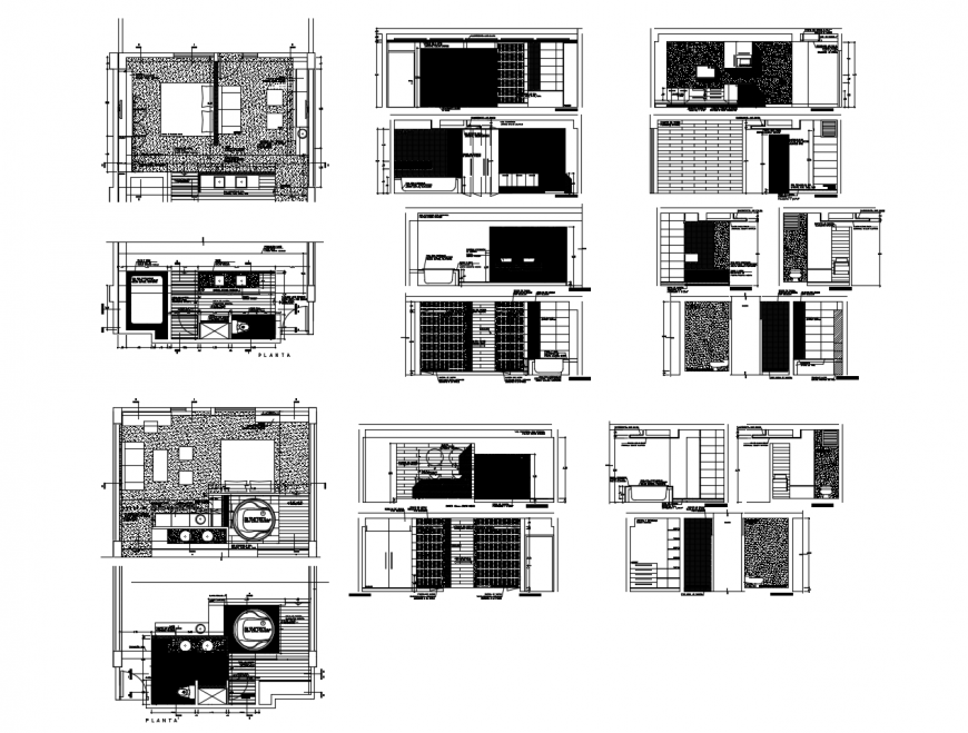 Multiple hotel bedroom suits section and plan cad drawing details dwg file