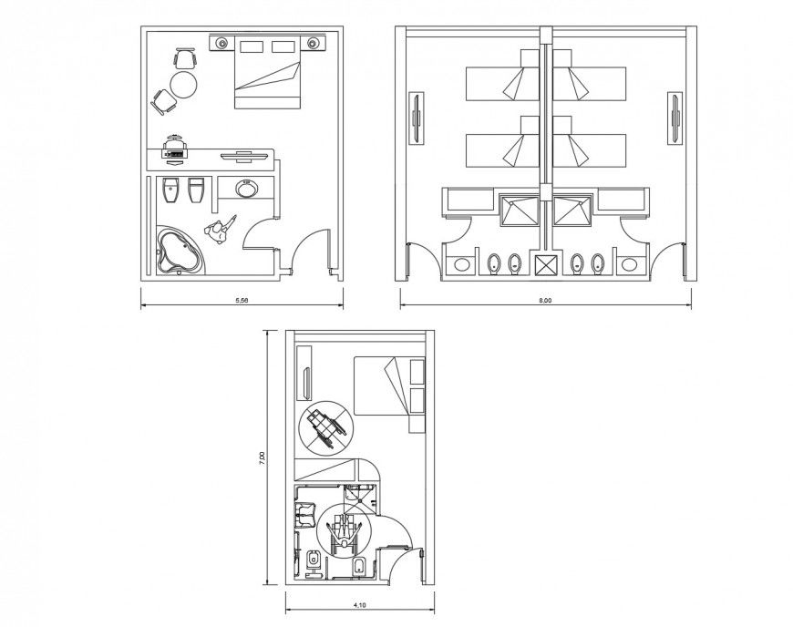 Multiple hotel bedrooms plan with toilets cad drawing details dwg file