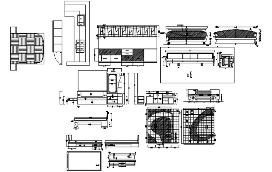 Multiple hotel furniture elevations and sections drawing details dwg file