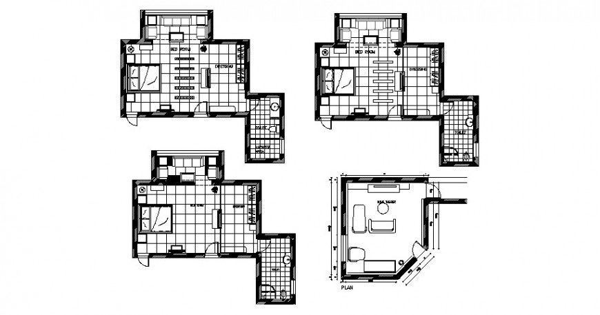 Multiple house bedrooms layout plan with furniture cad drawing details dwg file