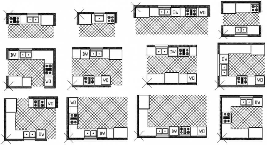 Multiple house kitchen plans cad drawing details dwg file