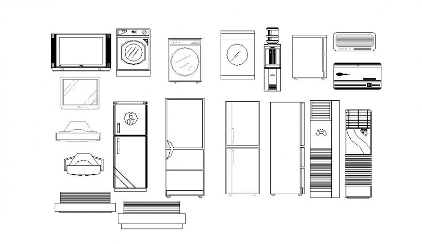 Multiple household electric appliances blocks drawing details dwg file