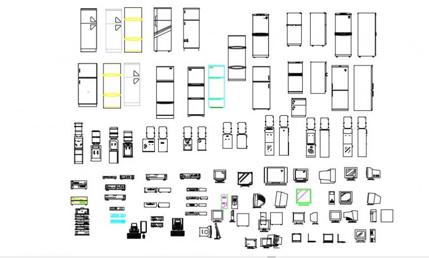 Multiple household electric equipment 2d blocks drawing details dwg file