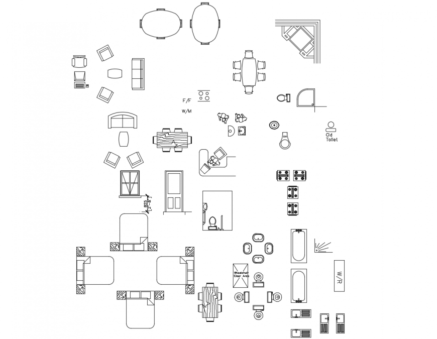 Multiple household furniture and sanitary blocks cad drawing details dwg file