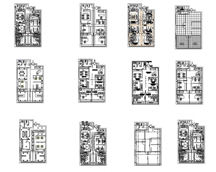 Multiple houses layout plan, electrical installation and sanitary installation details dwg file