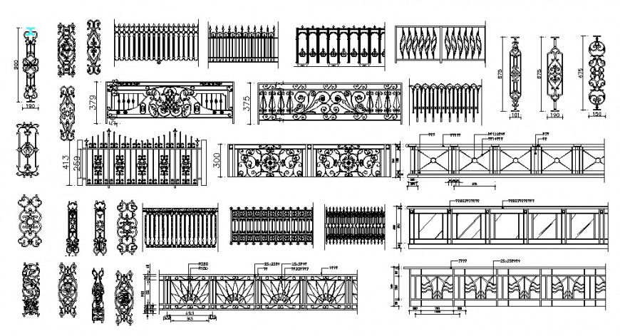 Multiple iron railing elevation blocks cad drawing details dwg file