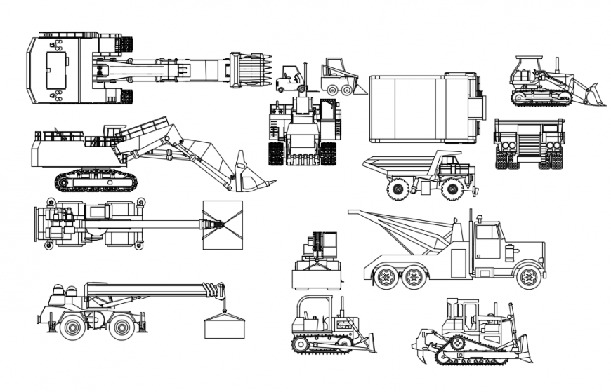 Multiple JCB and constructive vehicle blocks drawing detail dwg file