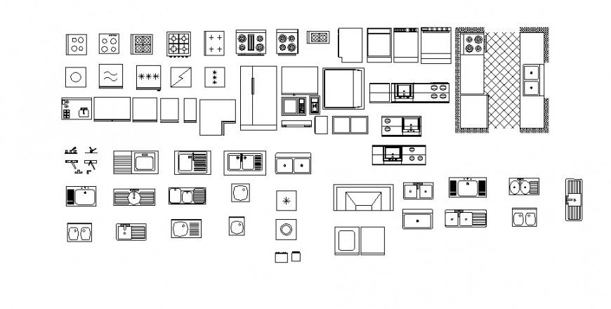 Multiple kitchen equipment and furniture 2d blocks drawing details dwg file